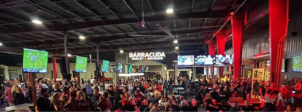 A wide view of a full club-takeover venue at a TampArotic Tampa Bay lifestyle night.