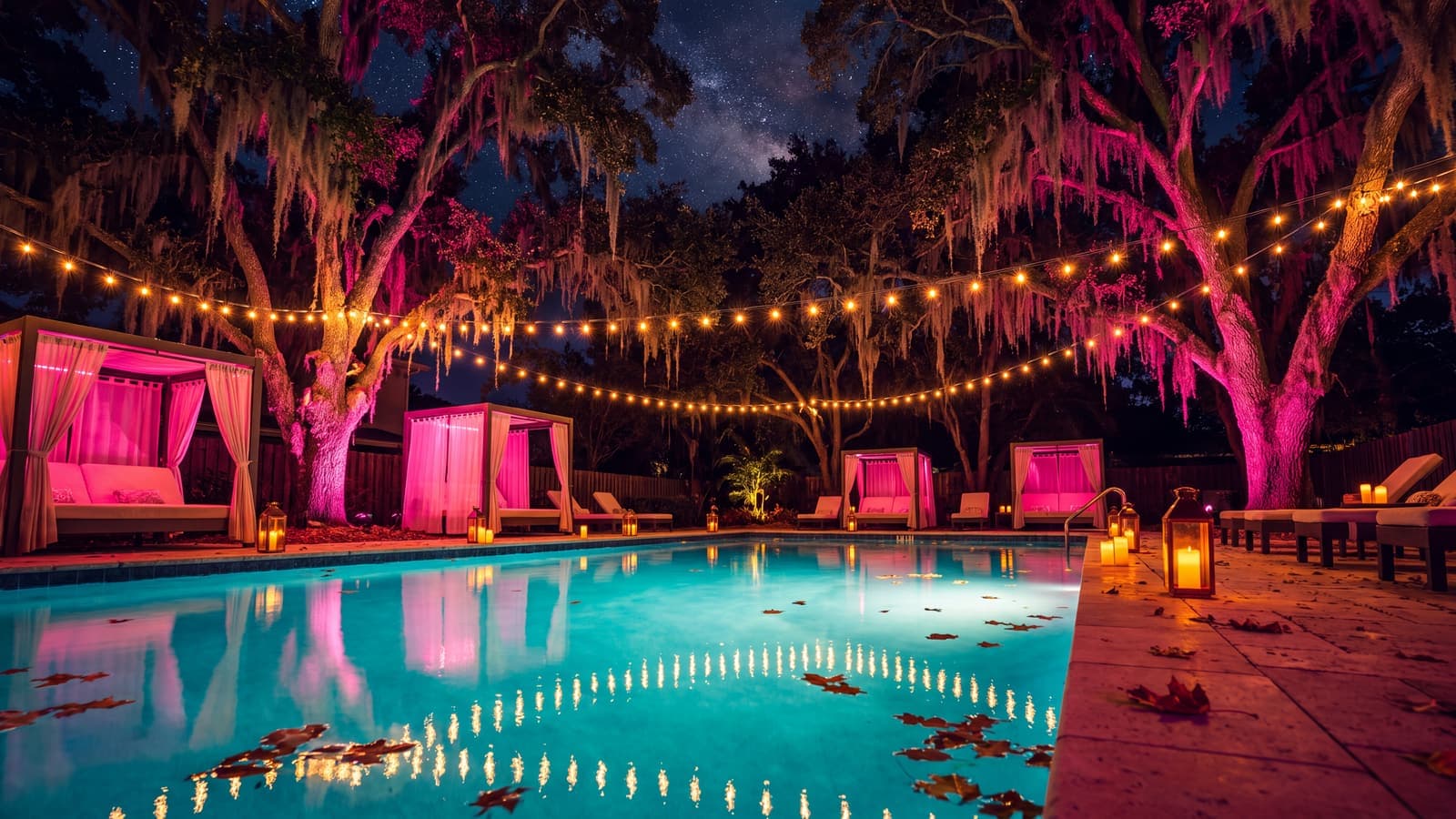 Moonlit pool party under live oaks with pink-lit cabanas and string lights