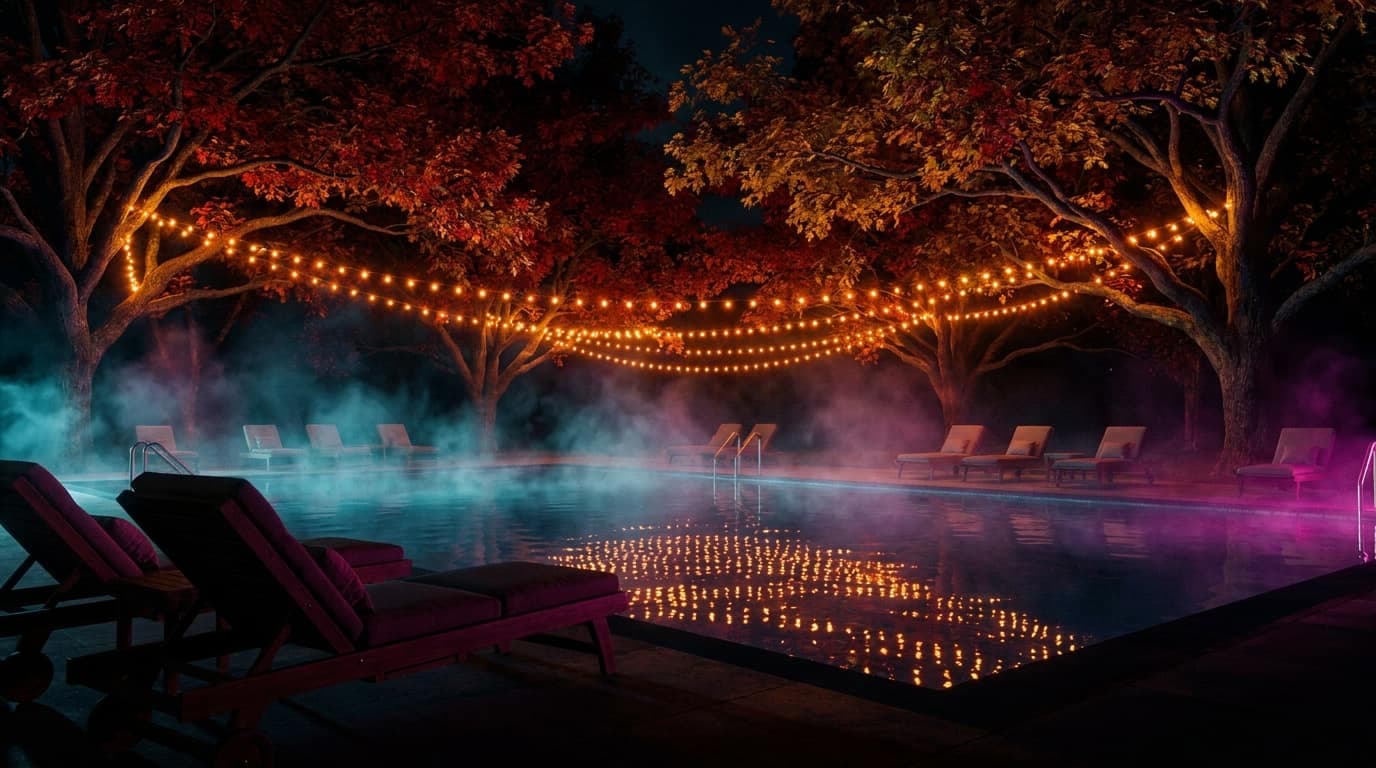 String-lit oaks and a glowing fire pit beside a boutique hotel pool at night
