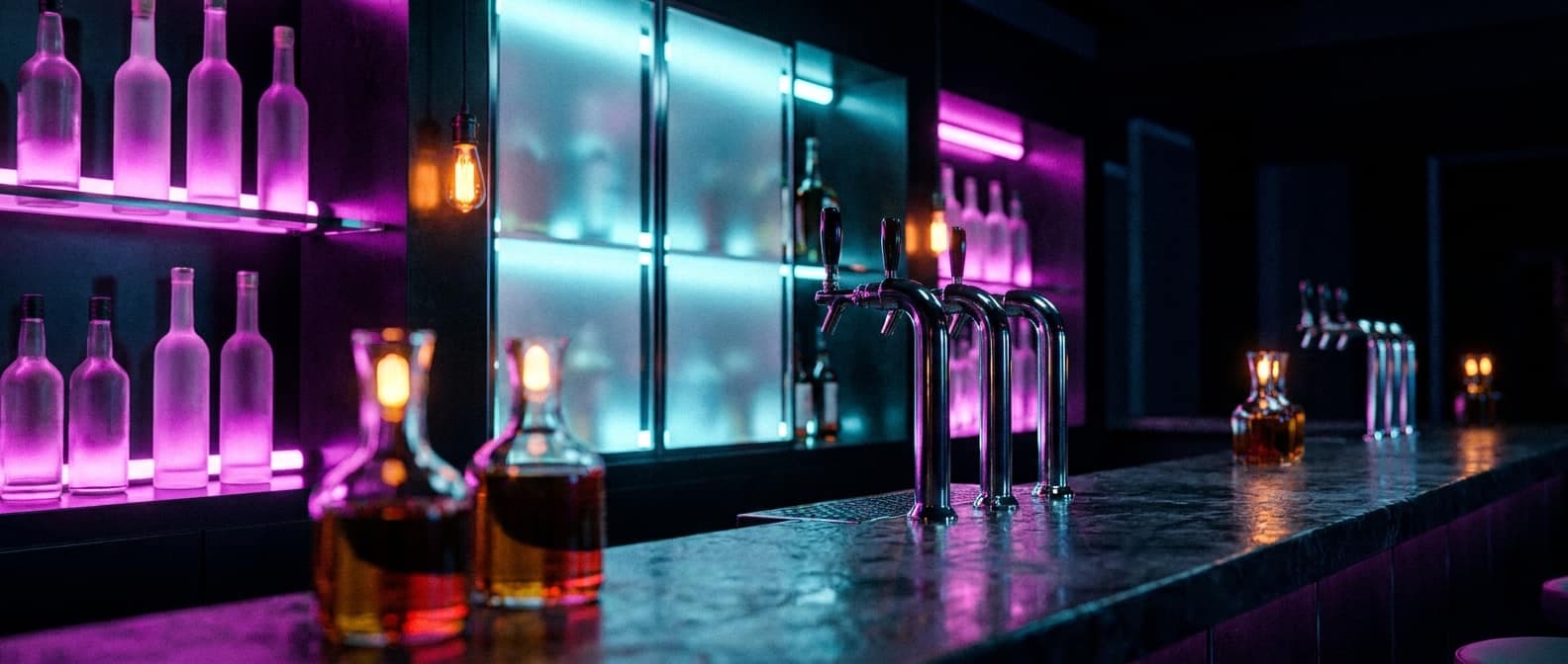 The neon-backlit back bar of an upscale nightclub