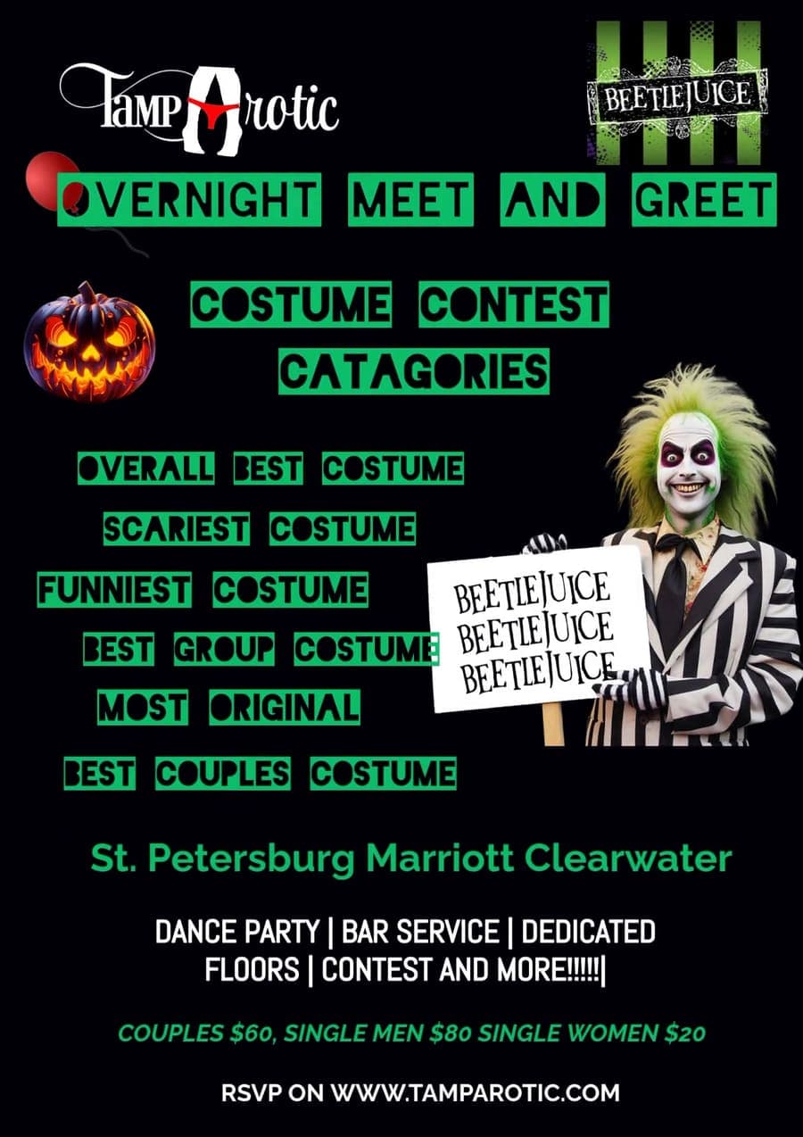 Flyer — Beetlejuice-themed TampArotic Halloween overnight meet-and-greet with a costume contest at the St. Petersburg Marriott Clearwater.