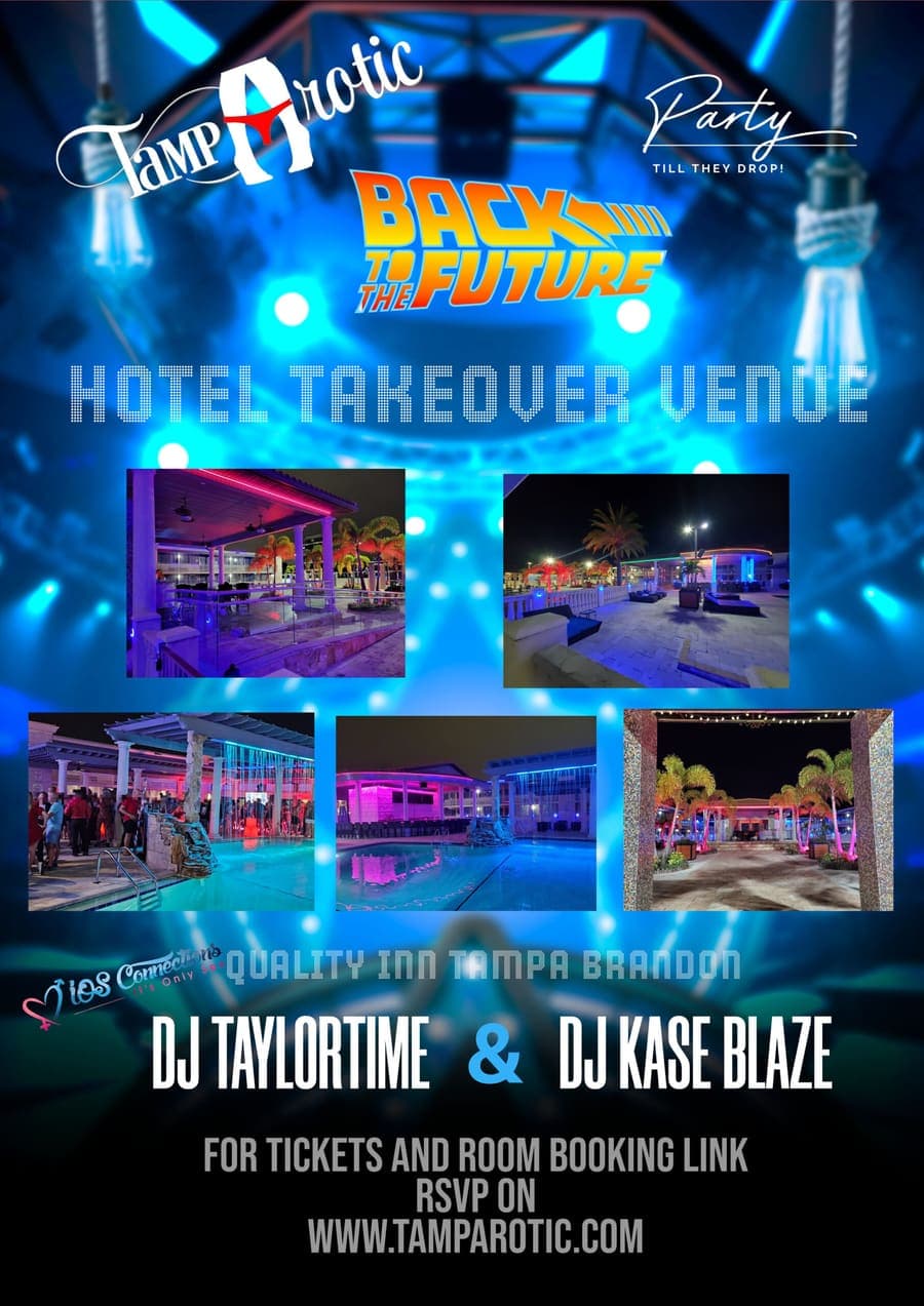 Flyer — Back to the Future themed TampArotic Saturday hotel-takeover party at Quality Inn Tampa Brandon.