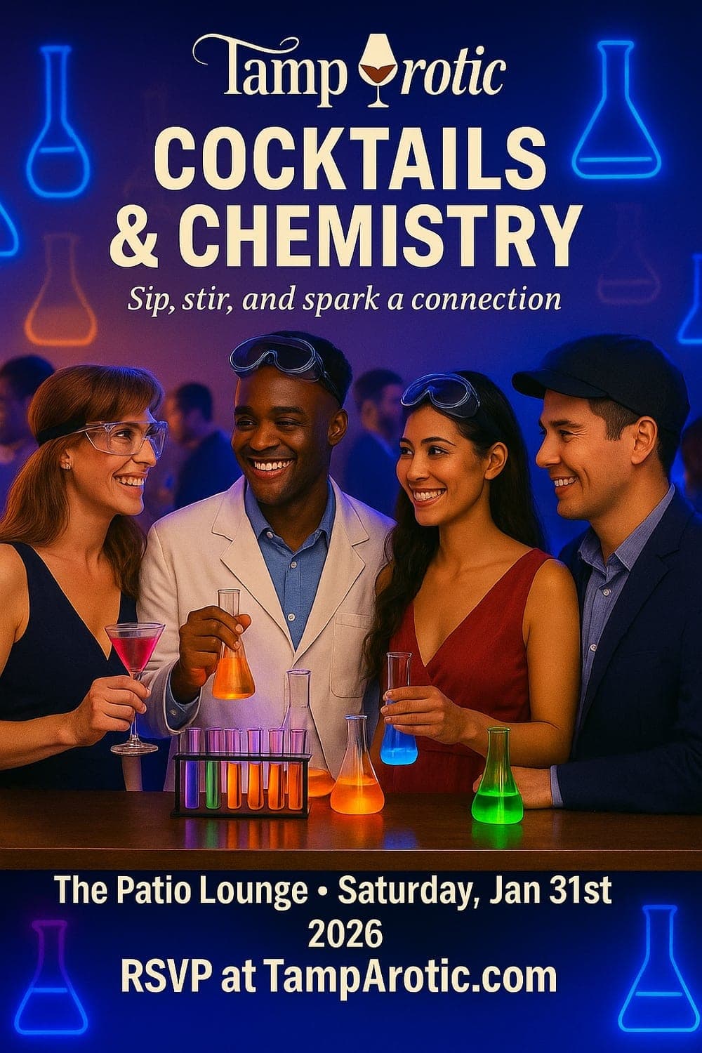 Flyer — Cocktails & Chemistry TampArotic meet-and-greet, 'sip, stir, and spark a connection' Saturday Jan 31 2026 at The Patio Lounge.