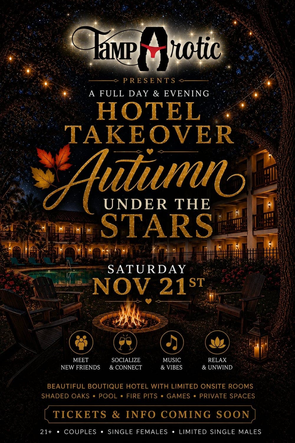 Flyer — Autumn Under the Stars TampArotic boutique-hotel-takeover, Saturday Nov 21 with pool, fire pits and shaded oaks.