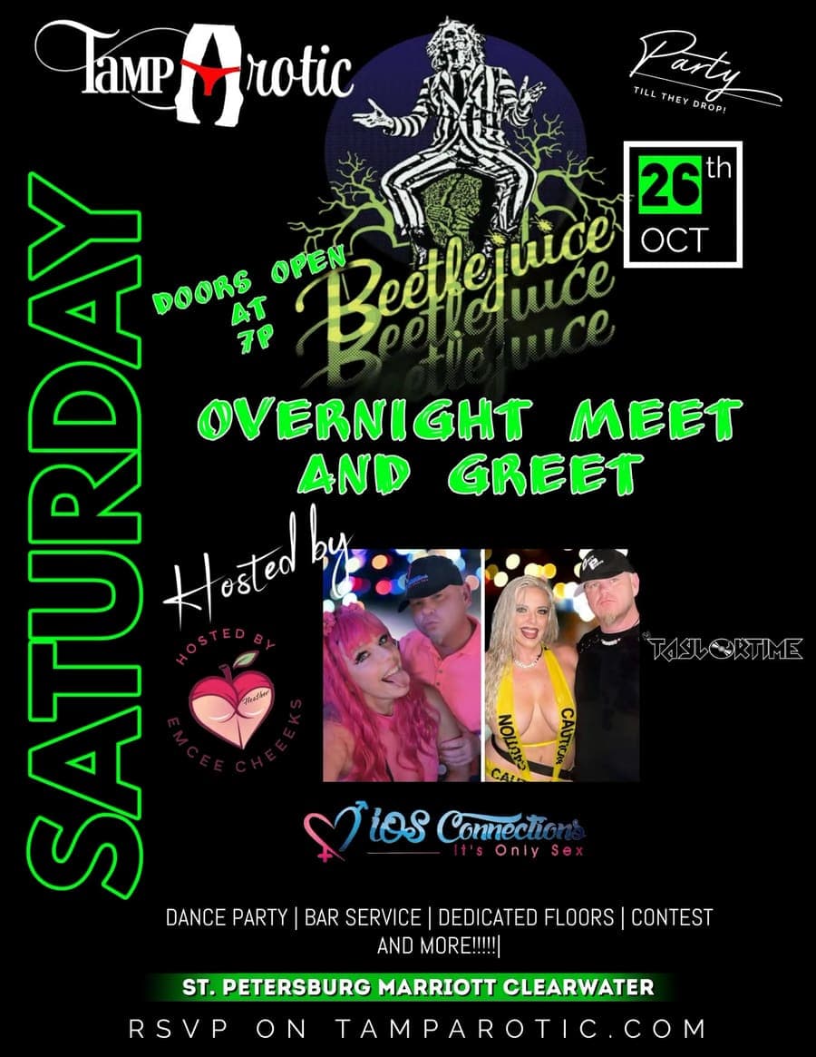Flyer — Beetlejuice-themed TampArotic Saturday overnight meet-and-greet, Oct 26 at the St. Petersburg Marriott Clearwater hosted by Emcee Cheeks and Taylortime.